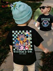 Disney Lilo & Stitch Kids Black Short Sleeve T-Shirt, "Stitch & Co." Group Characters Print Casual Top, Ideal For School, Travel, Vacation And Daily Wear - 黑色 - 查看 1