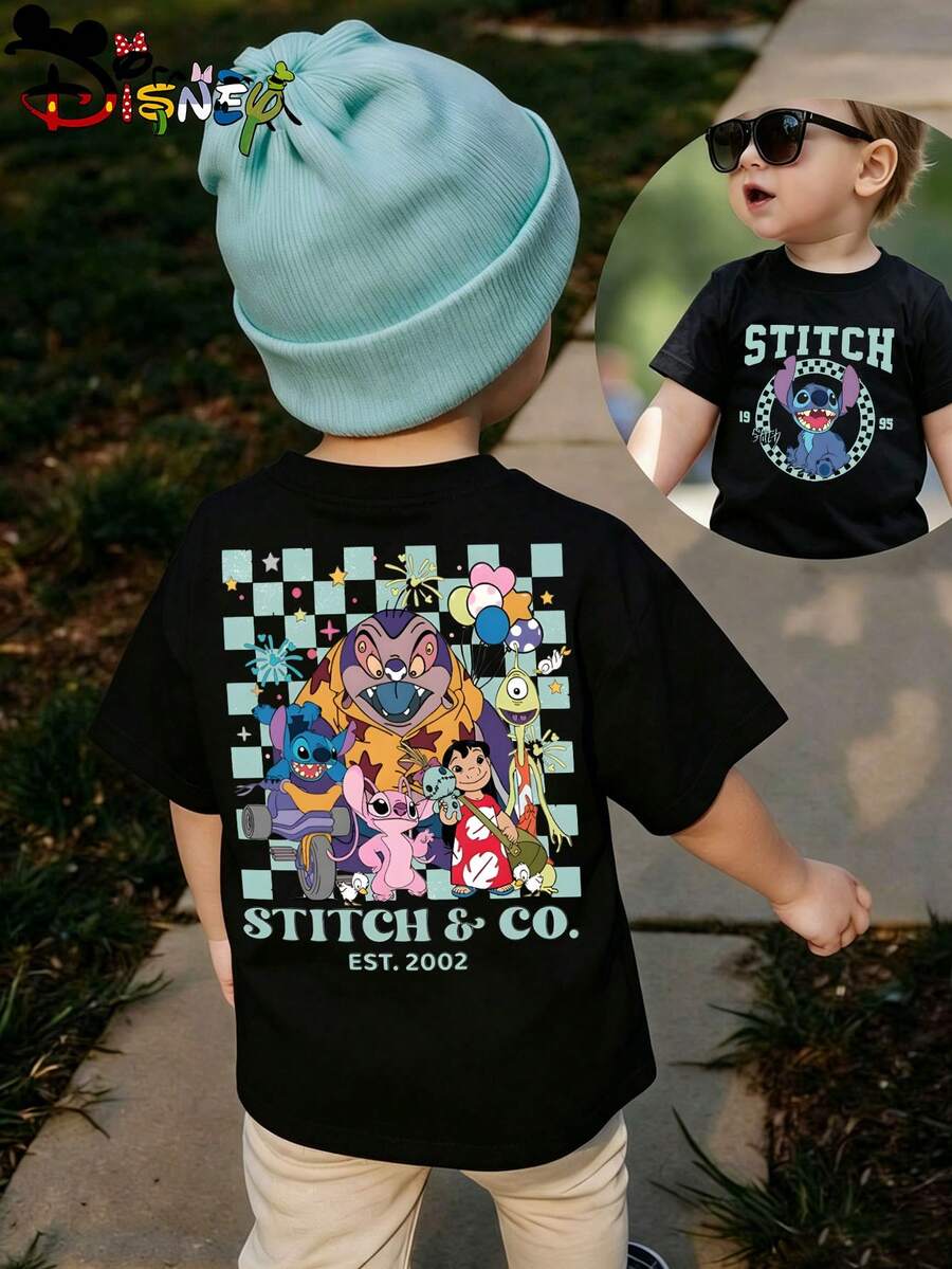 Disney Lilo & Stitch Kids Black Short Sleeve T-Shirt, "Stitch & Co." Group Characters Print Casual Top, Ideal For School, Travel, Vacation And Daily Wear - 黑色 - 查看 1