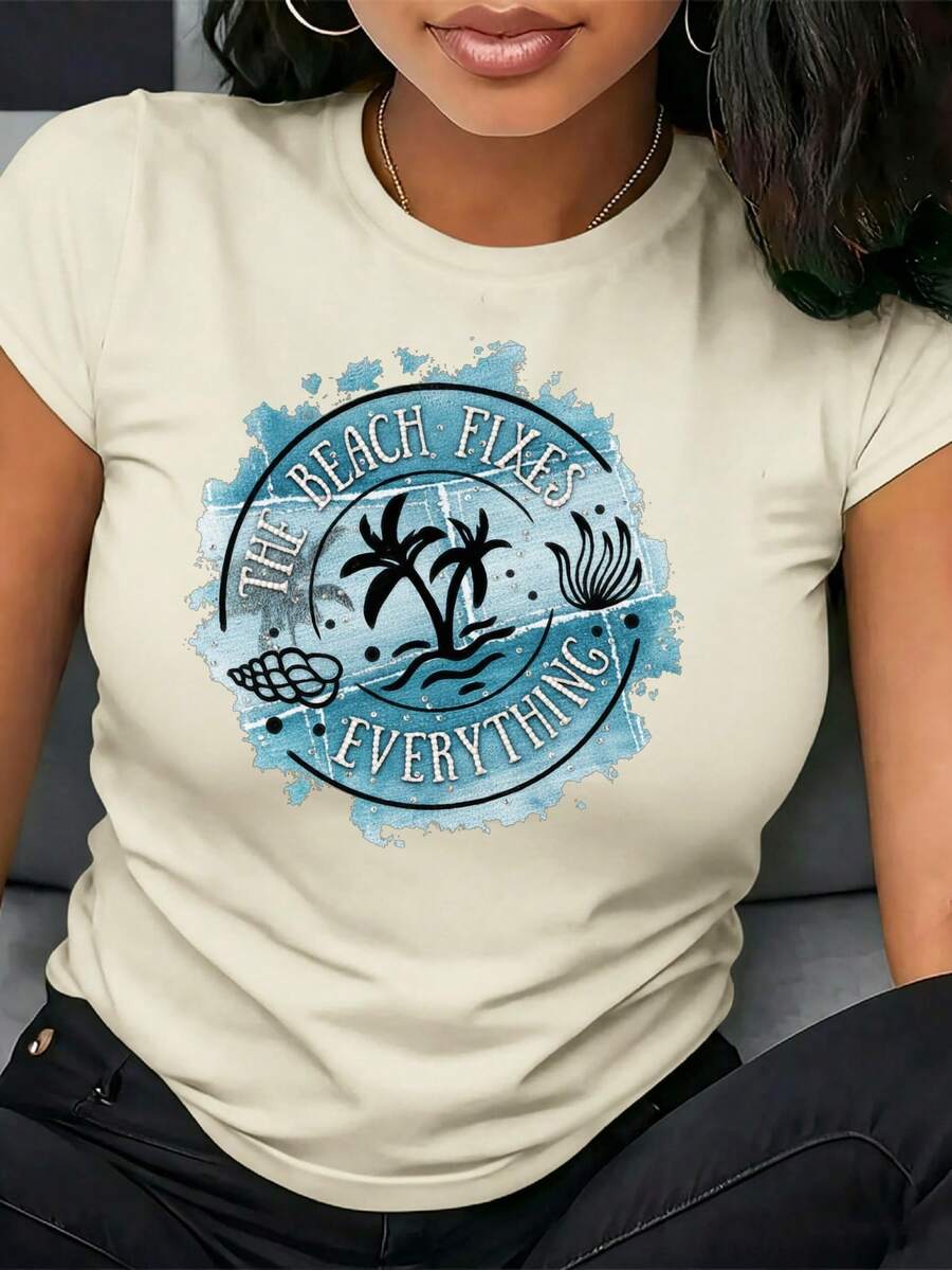 Camiseta de algodón, ligera y transpirable, de edición limitada para mujer, con un diseño creativo y divertido de letras estampadas, para uso casual al aire libre en primavera y verano, fiestas de vacaciones, versátil y elegante con estampado de palmeras. - Albaricoque - Ver 1