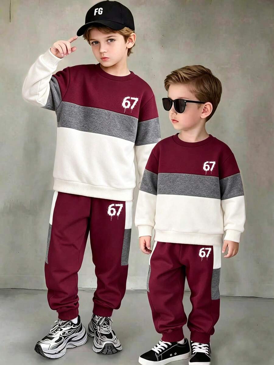 Tween Boy Letter Graphic Color Block Warm Crew Neck Sweatshirt And Pants Set - Burgundy - View 1