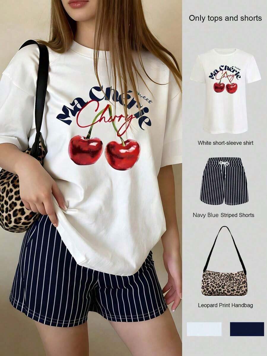 Conjunto de dos piezas de verano para mujer, shorts a rayas blancas y azules, camiseta holgada para mujer, conjunto básico talla grande vendido, con estampado de lazo - Multicolor 3 - Ver 1