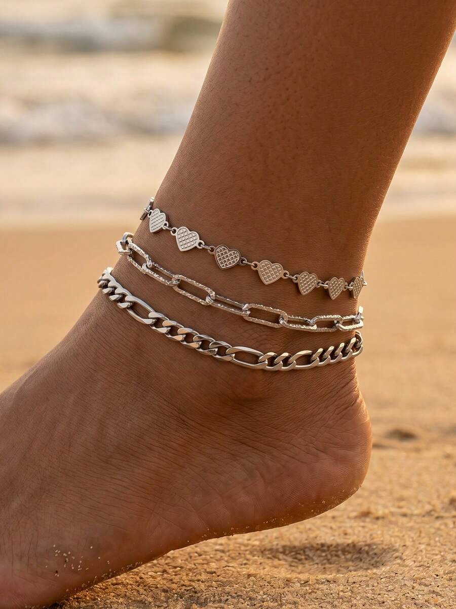 Elegante set de tobilleras de varios estilos en color acero, joyería minimalista para el pie en vacaciones de playa - Plateado - Ver 1