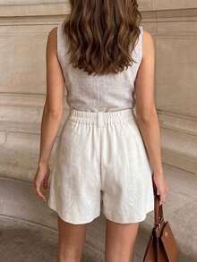 Quần short linen SMILE CHIC 2026 kiểu dáng thường ngày, thời trang, dáng rộng thoải mái, thoáng khí, ống rộng, đa năng cho kỳ nghỉ và mặc hàng ngày, tôn dáng chân (Không bao gồm thắt lưng) - Màu be - Xem 5