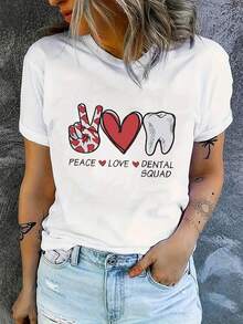 Camiseta de moda para mujer con cuello redondo y manga corta con estampado de corazón de diente en inglés, camiseta deportiva casual y sencilla, top cómodo de verano para vacaciones - Blanco - Ver 1