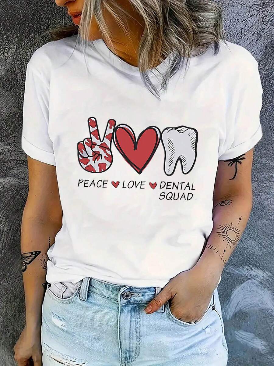 Camiseta de moda para mujer con cuello redondo y manga corta con estampado de corazón de diente en inglés, camiseta deportiva casual y sencilla, top cómodo de verano para vacaciones - Blanco - Ver 1