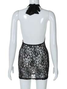 Sensual Halter Dress With Fitted Lace And A Voluminous Effect For Parties - Black - View 9