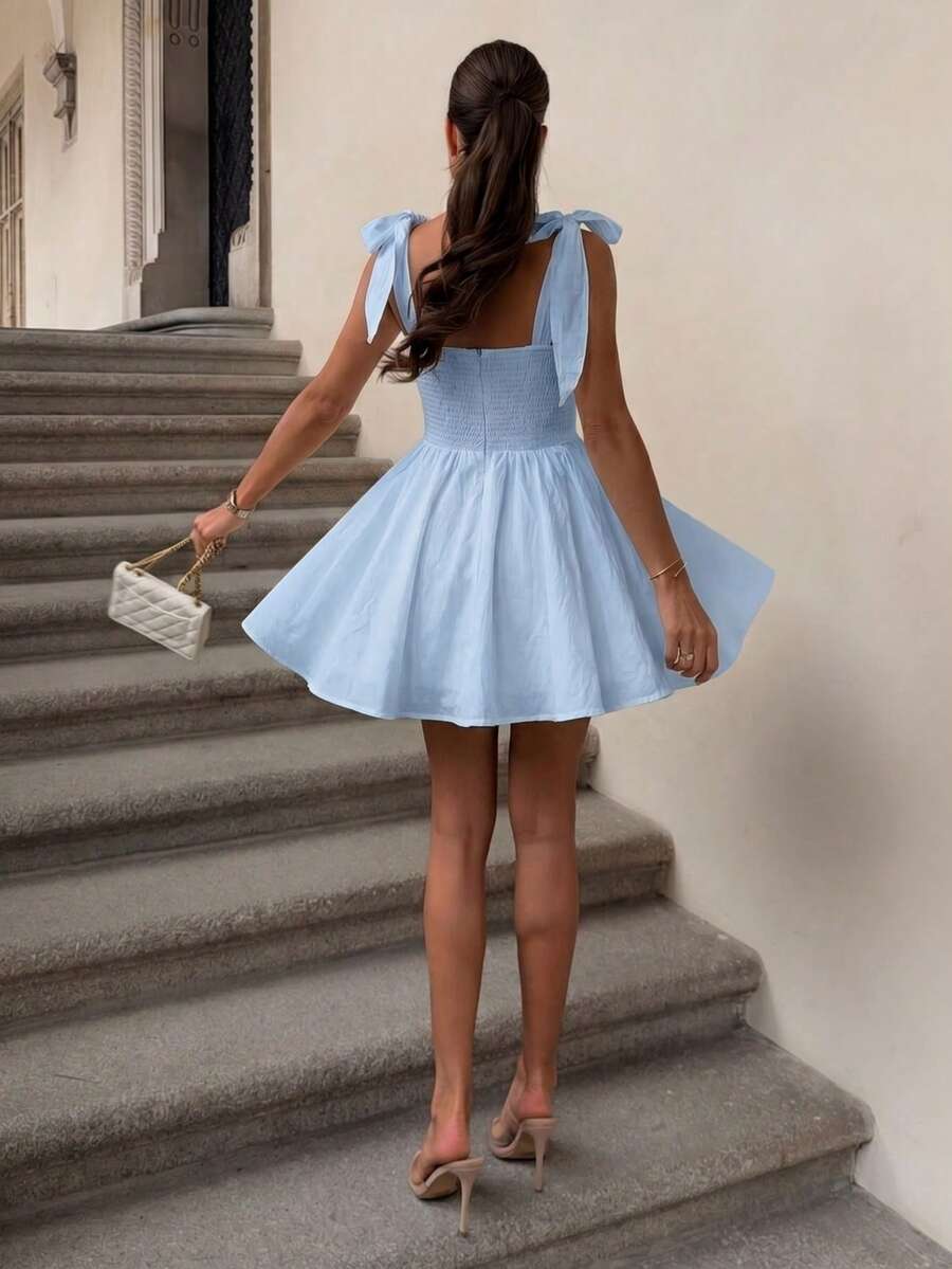 2026 HoloChill Women's Casual Solid Color Sleeveless Spaghetti Strap Dress, Summer Casual New Arrival Front Bow Tie Dress With Waist Ruching, Women's Summer Dress, Holiday Dress, Elegant Party Dress, Beach Dress, Wedding Guest Dress, Outdoor Outfit, Birthday Dress, Elegant Dress, Beach Vacation Dress, Casual Dress For Women - Blue - View 1