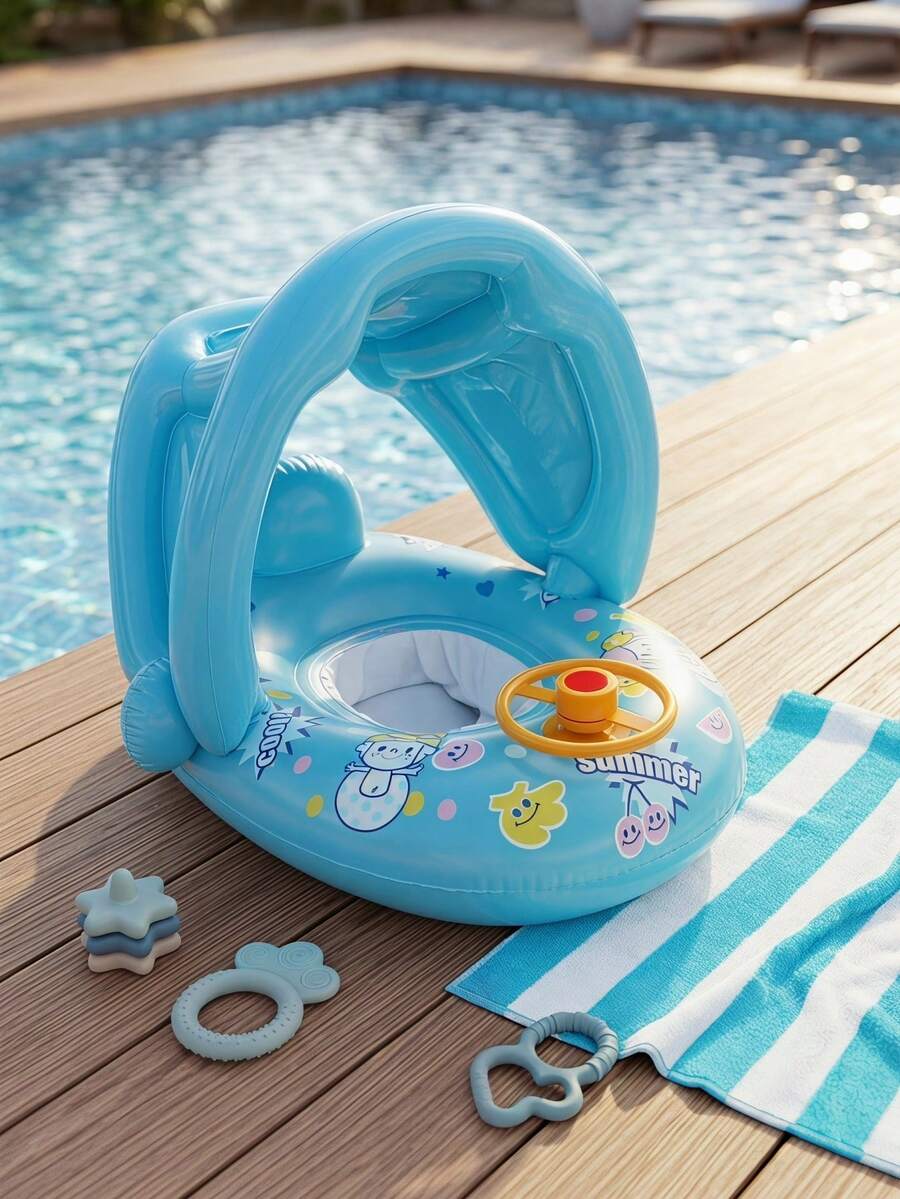 Anillo inflable de natación con estampado lindo, sombrilla y volante, adecuado para uso en playa y piscina en verano - Multicolor - Ver 1