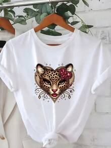 Camiseta Blanca con Estampado Gráfico de Cara de Leopardo y Lazo Rojo - Estilo Casual Simple - 100% Algodón Puro - Suave y Cómoda, Cuello Redondo, Manga Corta, Top de Moda Urbana para Todas las Temporadas, Ropa Casual de Calle| Camiseta de Cuello Redondo Y2k - Negro - Ver 9
