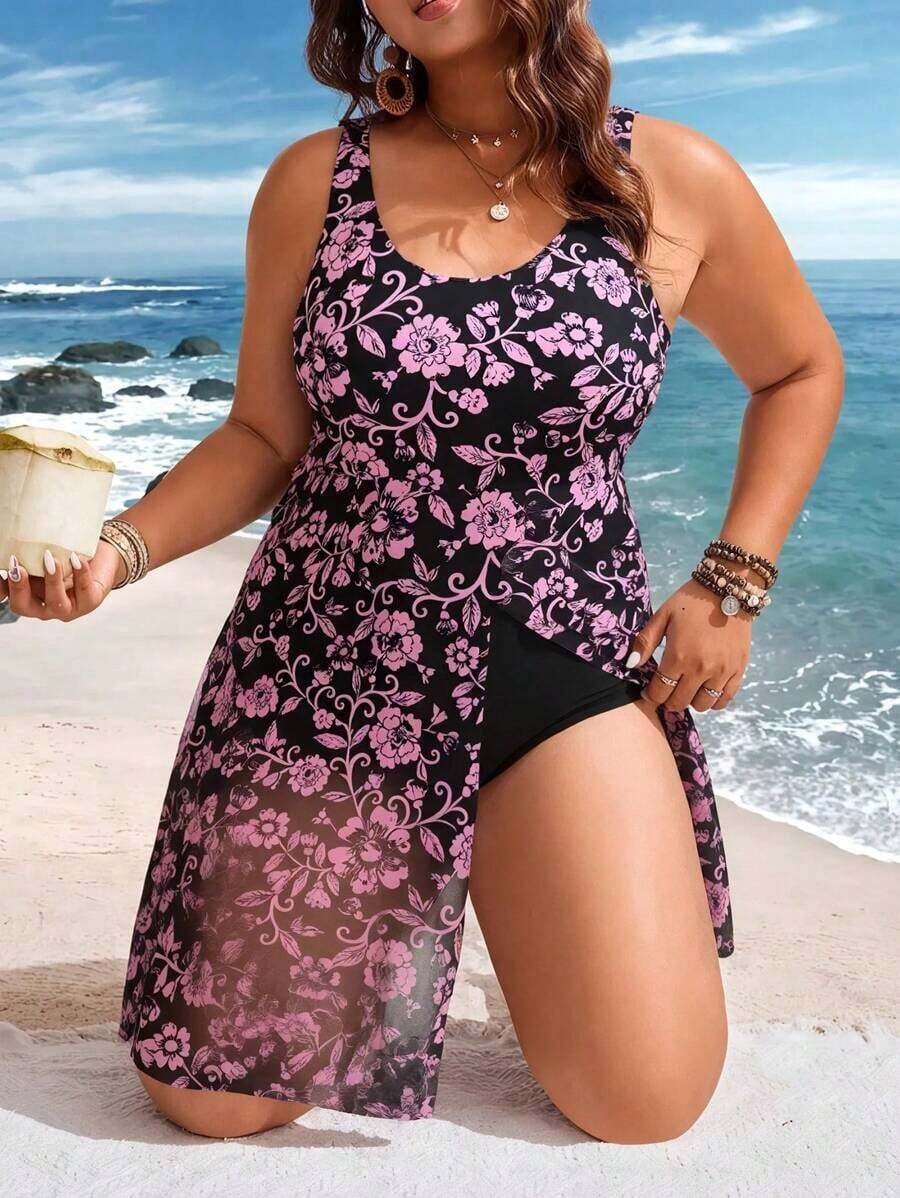 Traje de baño de una pieza con estampado retro y tirantes de malla de contraste para mujer de talla grande - Negro 2 - Ver 1