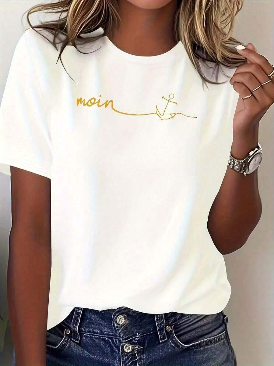 Blusas>Bonito Camiseta Blanca Sencilla con Estampado de Letras Alemanas para Hombre y Mujer - Suave y transpirable, de manga corta y cuello redondo, ideal para uso diario informal, con estampados de texto en alemán (Moin/Mein/Meine/Meines) - Cómoda para todas las estaciones, adecuada tanto para uso diario como formal - Diseño de patrón geométrico blanco con letras doradas - Corte holgado, se puede usar sola o en capas - Prenda esencial versátil para el uso diario. 100% Cotton Blusas Para Mujer Casual - Blanco - Ver 1
