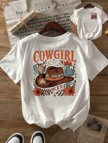 Short-Sleeved T-Shirt With Front And Back Prints, Featuring A Brown Cowgirl Hat Design - Women's Casual Top, Comfortable Fit, Classic Style. Y2k T-Shirt - 黑色 - 查看 10