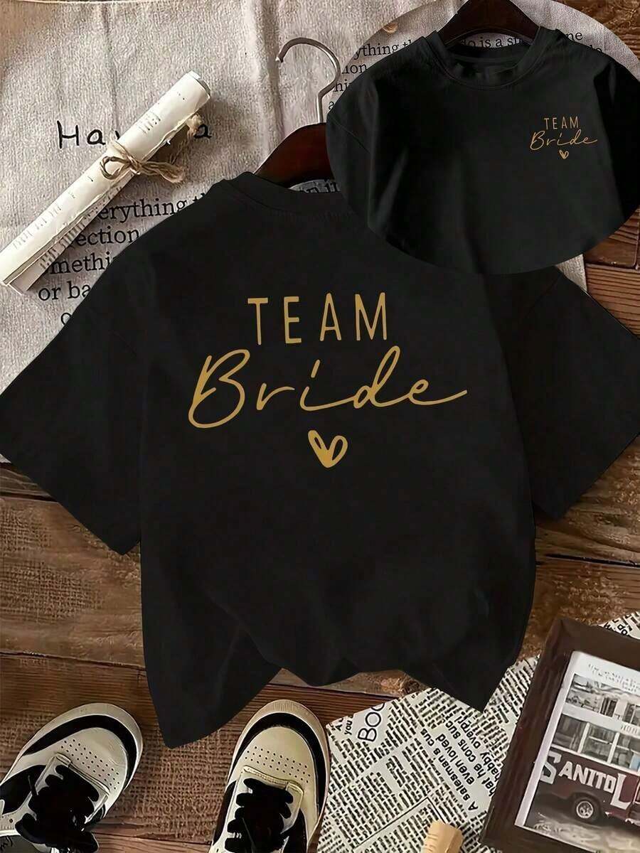 Women's Short Sleeve T-Shirt - Round Neck Blouse With Double-Sided Print, Letters And Heart, Suitable For All Seasons, Comfortable Casual Wear, Machine Washable, Versatile For Wedding Guest Outfits. - 黑色 - 查看 1