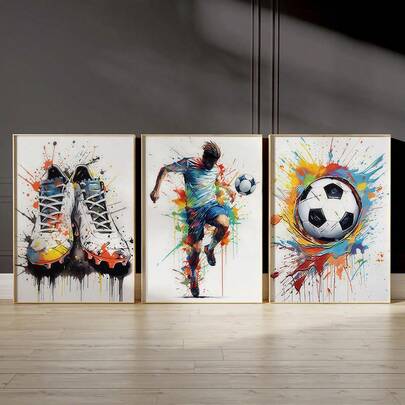 3pcs Unframed Soccer Wall Art Prints, Football Canvas Posters For Boys Bedroom Decor, Modern Sports Wall Art, Room Decoration, Creative Soccer Gifts For Teens (Canvas Only, No Frame)