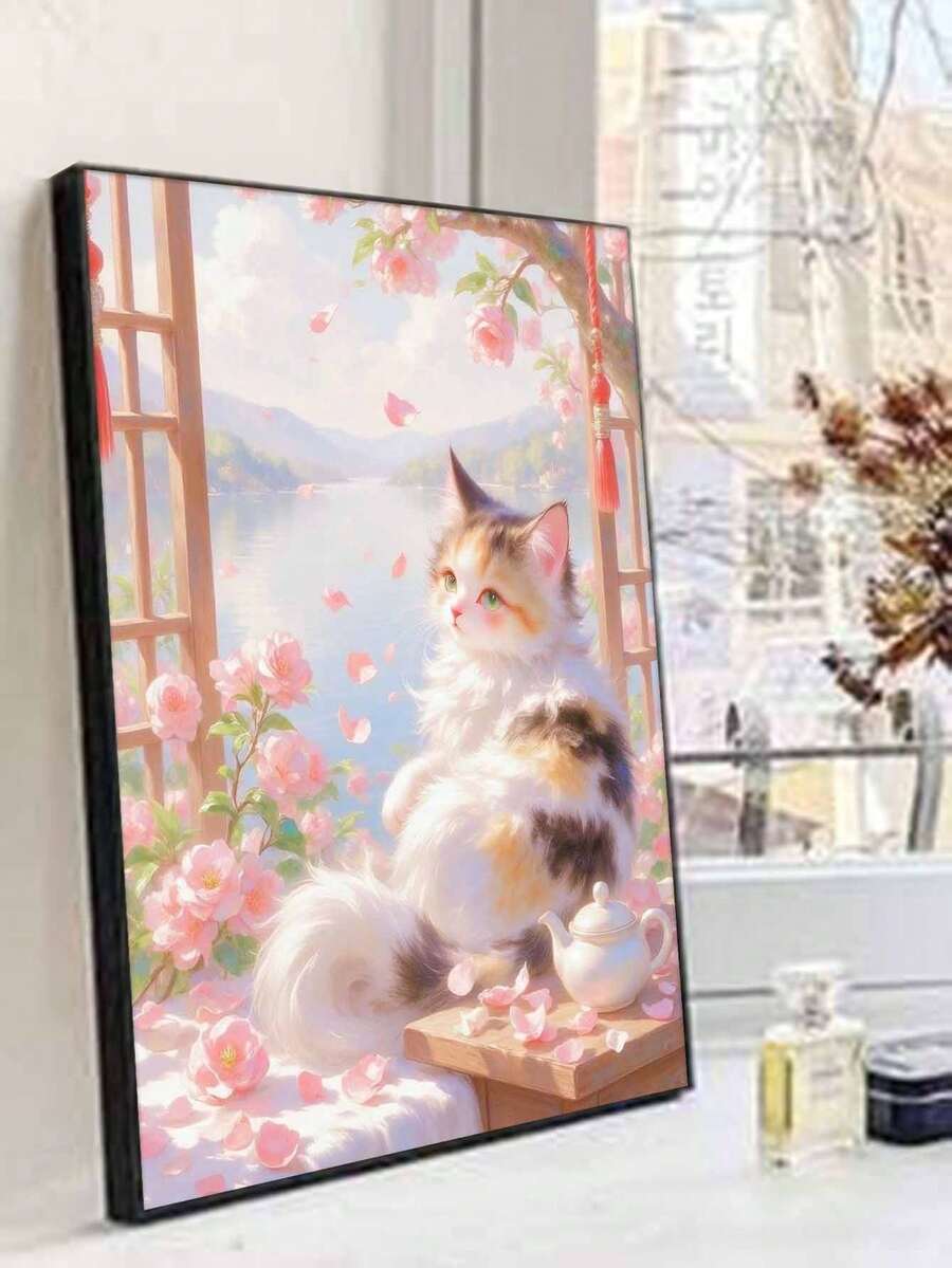 浪漫猫咪与樱花 DIY 数字油画 绘画工艺品 成人家居装饰 40x50厘米/16x20英寸 节日礼物 - 40*50厘米 - 查看 1