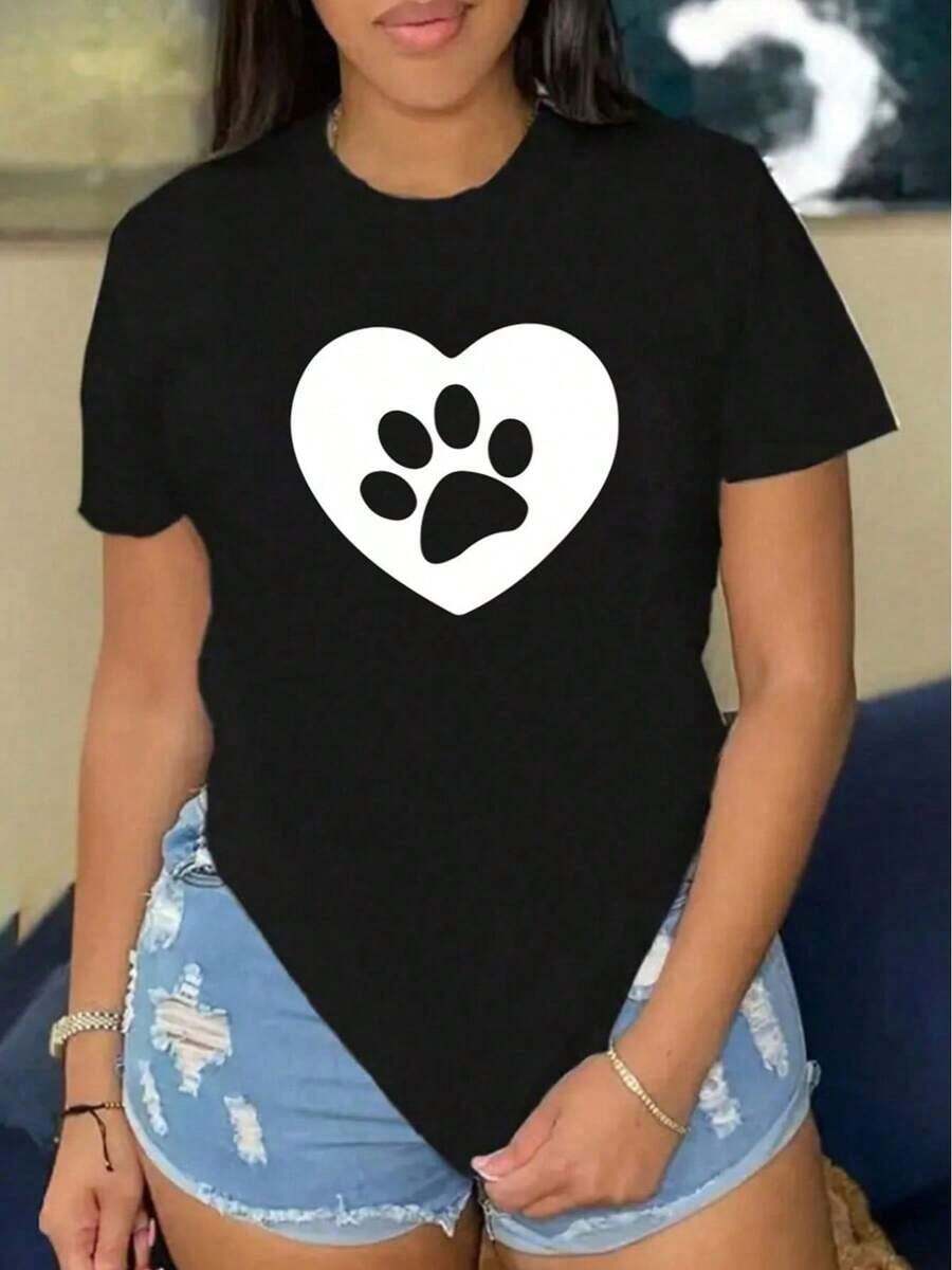 SimpieAndVersatileDesignflash oferta,blusas para dama casuales,poleras mujer,playeras de mujer>algodon,blusas>elegante,Camisetas Mujer Estampado Huella Corazón Primavera Verano Casual Suelta Cuello Redondo Manga CortaCottonT-Shirt - Negro - Ver 1