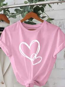 Plus Size - Plus Size - White Day, Exquisite Heart Design, Elegant Short Sleeve T-Shirt With Round Neck Print, Plus Size Women's Clothing, Women's Apparel - 深粉紅色 - 查看 6