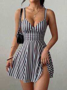 Vestido corto de punto sexy y elegante con escote en V, cintura fruncida y tirantes finos para mujer - Marrón 2 - Ver 5