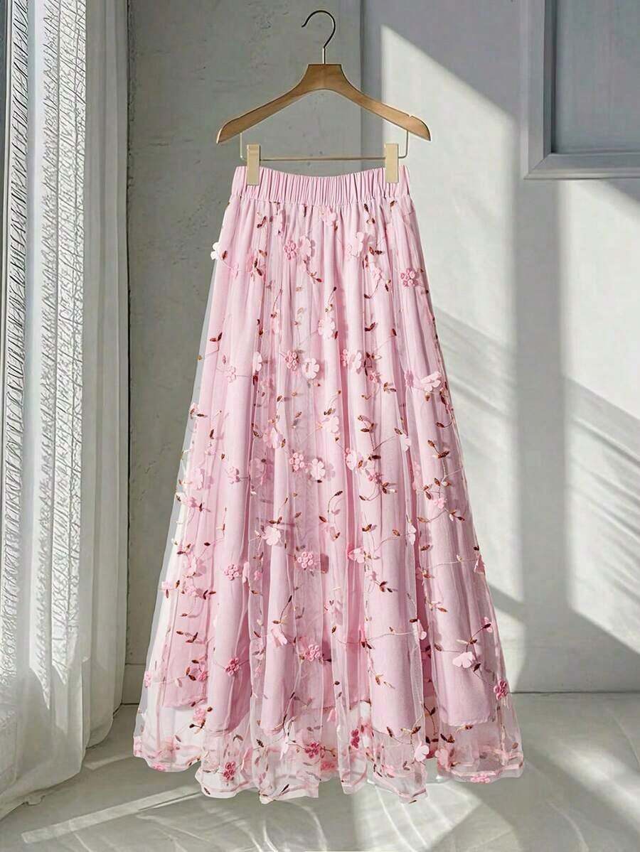 Flora Isola Flora Isola Falda A-Line elegante de mujer con bordado de flores 3D en malla para primavera/verano - Rosa - Ver 1