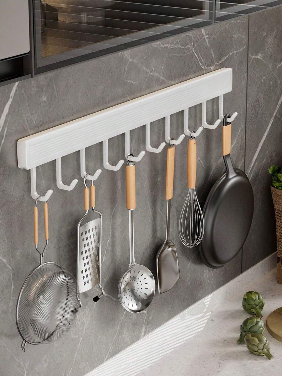 1 pieza Estante de gancho deslizante de cocina, estante de almacenamiento de barra colgante de una sola sin taladro, soporte multifuncional para cuchara de sopa y espátula, gancho de armario, gancho de gabinete, gancho de armario, gancho de dormitorio - Multicolor - Ver 1