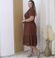 Plus Size Midi Dress With Button Detail And V-Neck - Rust Brown - View 2