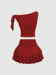 Conjunto de top de tirantes y minifalda plisada y con decoración de flores metálicas para mujer, ideal para el verano - Rojo - Ver 4