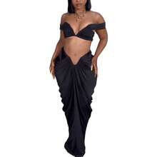 S10642 Sexy European And American Style Sleeveless Strapless Elastic Tight-Fitting Floor-Length Pleated Skirt Two-Piece Set - Đỏ - Xem 7