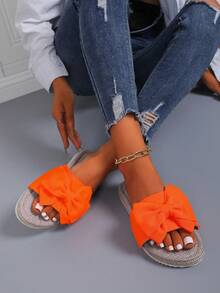PWIIMG Women's Summer New Linen Insole Sandals, Plus Size Wide Fit Sandals With Bow Decor Open Toe For Summer Classic Versatile Beach Slippers, Orange - Orange - View 9