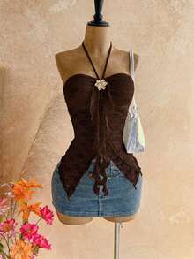 Camiseta asimétrica con decoración de conchas marinas, adecuada para vacaciones en la playa, verano - Café integral - Ver 3