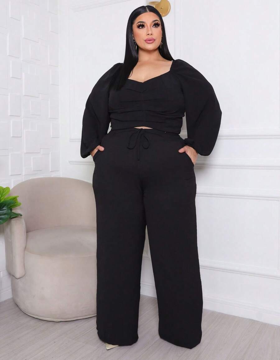 Plus Size Set: Off-The-Shoulder Cropped Top And Elegant High-Waisted Lined Palazzo Pants - 黑色 - 查看 1