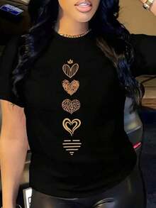 1 pieza de camiseta de manga corta con estampado de corazones para mujer, para verano, casual, negra, 180g, 100% algodón, los diseños están completamente impresos. Unisexo. - Negro - Ver 4