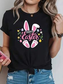Camiseta de manga corta con cuello redondo para mujer, temática de Pascua, con orejas de conejito, huevos coloridos y estampados florales, perfecta para salidas informales, regalos navideños y reuniones con amigos. - Negro - Ver 6