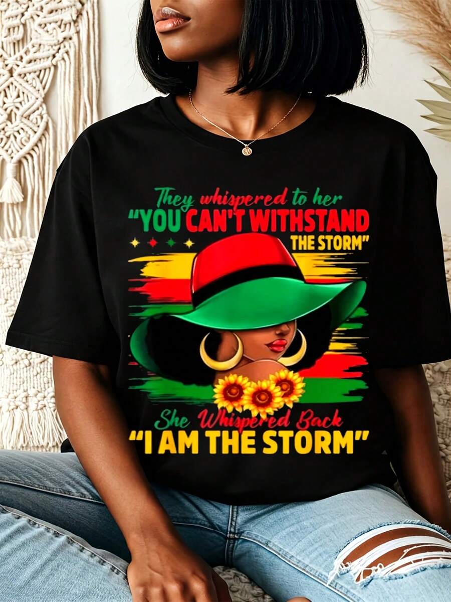 Juneteenth Celebration Outfits 2026 Women's Storm Woman Power Comfortable Crew Neck Short Sleeve Casual T-Shirt, Machine Washable,Afro Art Painted Flag Since 1865 Freedom Day Casual Summer Top,,Comfortable And Well-Fitting Casual And Statement-Making Clothing,Suitable For Juneteenth Parades,Cultural Events, And Everyday Wear. - màu đen - Xem 1