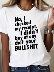 Women's Sy "No, I've Checked My Receipt" White T-Shirt - Black Slogan Print, Oversized H-Line, Soft Crew Neck Short Sleeve, Machine Washable Statement Tee, Casual Clothing & Gifts (Funny Receipt Quote) - 白色 - 查看 1