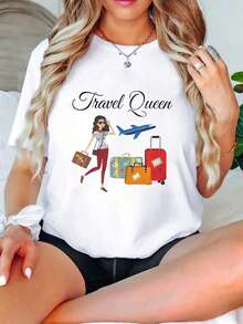 1 Pieza de Camiseta Casual de Moda para Hombres y Mujeres, Camiseta de Mujer con Estampado Travel Queen, Camiseta de Verano para Mujer, Moderna, Casual, Cómoda, Suave, Deportiva y para Fitness, Transpirable, de Cuello Redondo y Manga Corta, Versátil, fácil de combinar, adecuada para uso diario, estilo urbano, ropa de vacaciones, ropa de fin de semana. - Blanco - Ver 2