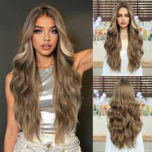[Velvet Locks]Peluca Lolita Negra para Mujeres, Peluca Larga con Ondas Corporales, Peluca Sintética Resistente al Calor, Peluca Rizada de 28 Pulgadas/70cm con Flequillo, Peluca de Cosplay para Uso Diario y Fiestas - Caqui - Ver 8