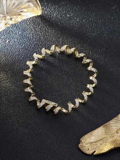 1pc Gold Plated Spiral Twist Zirconia Bracelet, Luxury Sparkling Cubic Zirconia Inlay Twisted Chain Bangle, Elegant Statement Jewelry For Women For Wedding, Party, Anniversary