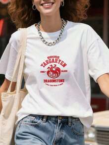 Camiseta de mujer moderna, informal, para fiestas y para estar en casa, 100% algodón, corte holgado.Vintage 1 camiseta Fire And Blood - House Targaryen Sigil Dragonstone Daenerys Game Thrones, 210g, 100% algodón, los diseños están impresos. Unisexo. Moda - Blanco - Ver 7