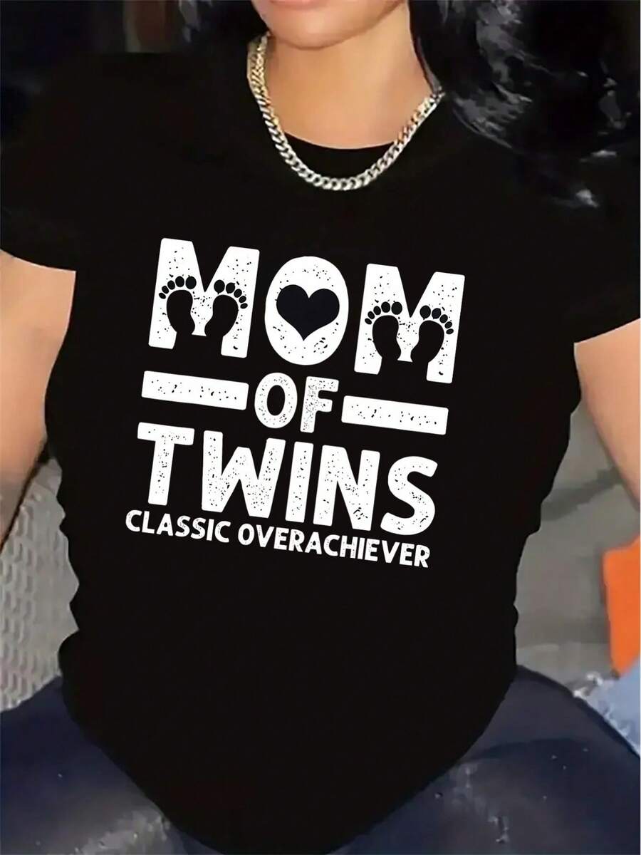 Short-Sleeved T-Shirt For Mom Of Twins, Classic Gifted Design, Ideal For Wearing At Home Or In The Living Room, Durable And Comfortable Fabric, Perfect Gift For Mother's Day Or Birthday Celebrations - 黑色 - 查看 1