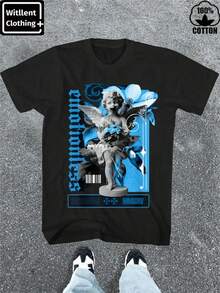 1 Piece Of Women's 100% Cotton T-Shirt, Powder Blue, Emotionless Model, Size 9. Thick Cotton T-Shirt For Women, Ideal For Christmas (1 Piece). 180g, 100% Cotton, Designs Are Printed. Unisex. - 黑色 - 查看 8