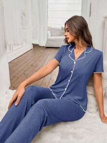 Mono de verano de punto ligero y suelto con volantes, de tela roja, de estilo casual y holgado para mujer - Azul marino - Ver 7