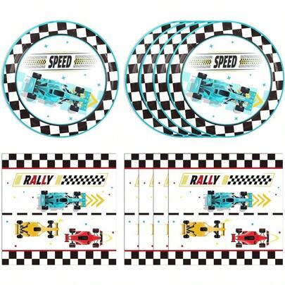 40PCS Race Car Birthday Party Supplies Disposable Race Car Theme Birthday Paper Plates And Napkins Set Race Car Party Dessert Dinnerwares