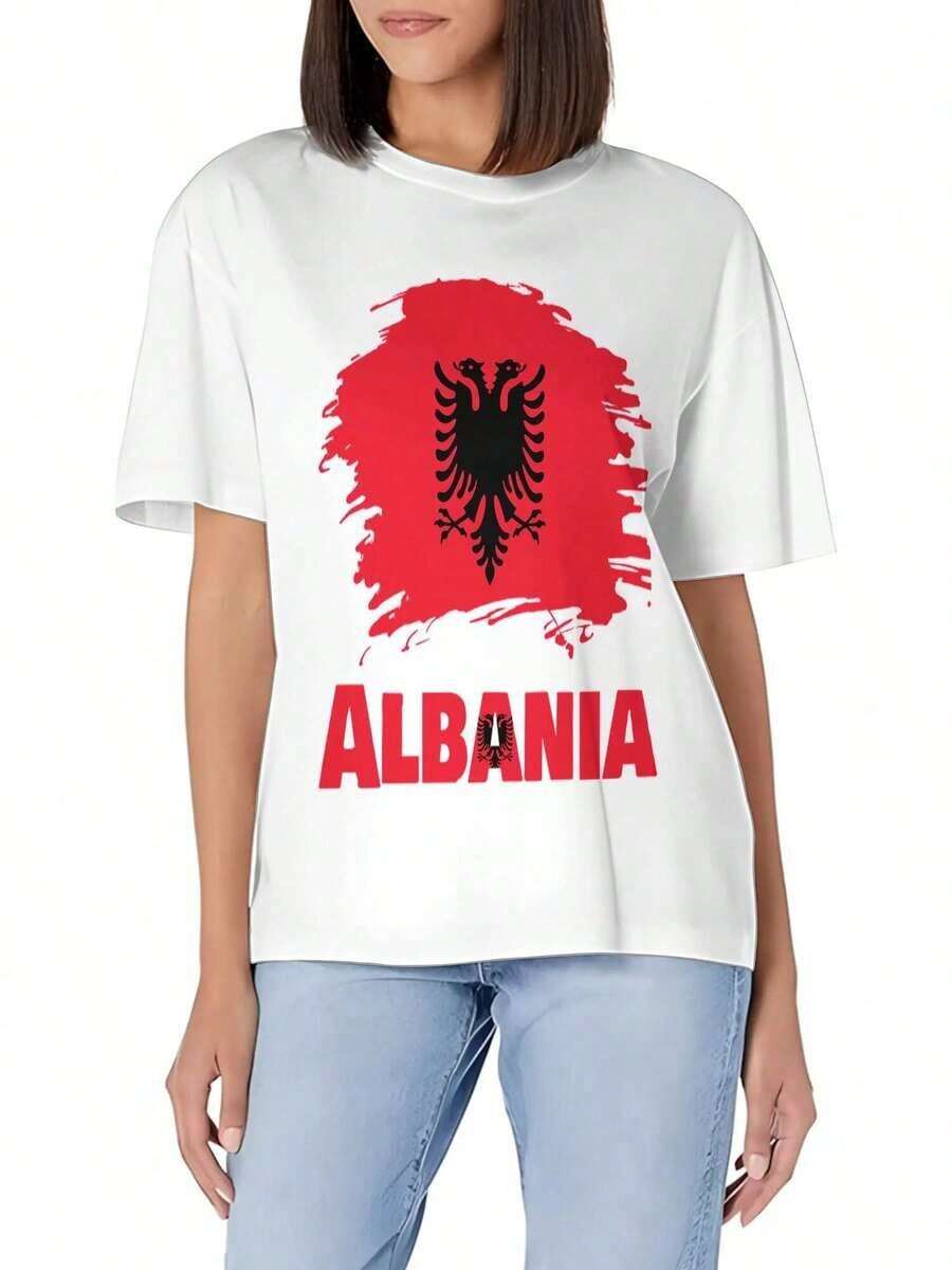 Camiseta Básica de Cuello Redondo con Estampado de Bandera de Albania para Hombre - Algodón Suave, Corte Ajustado, Versátil para Uso Diario en Verano - Blanco - Ver 1