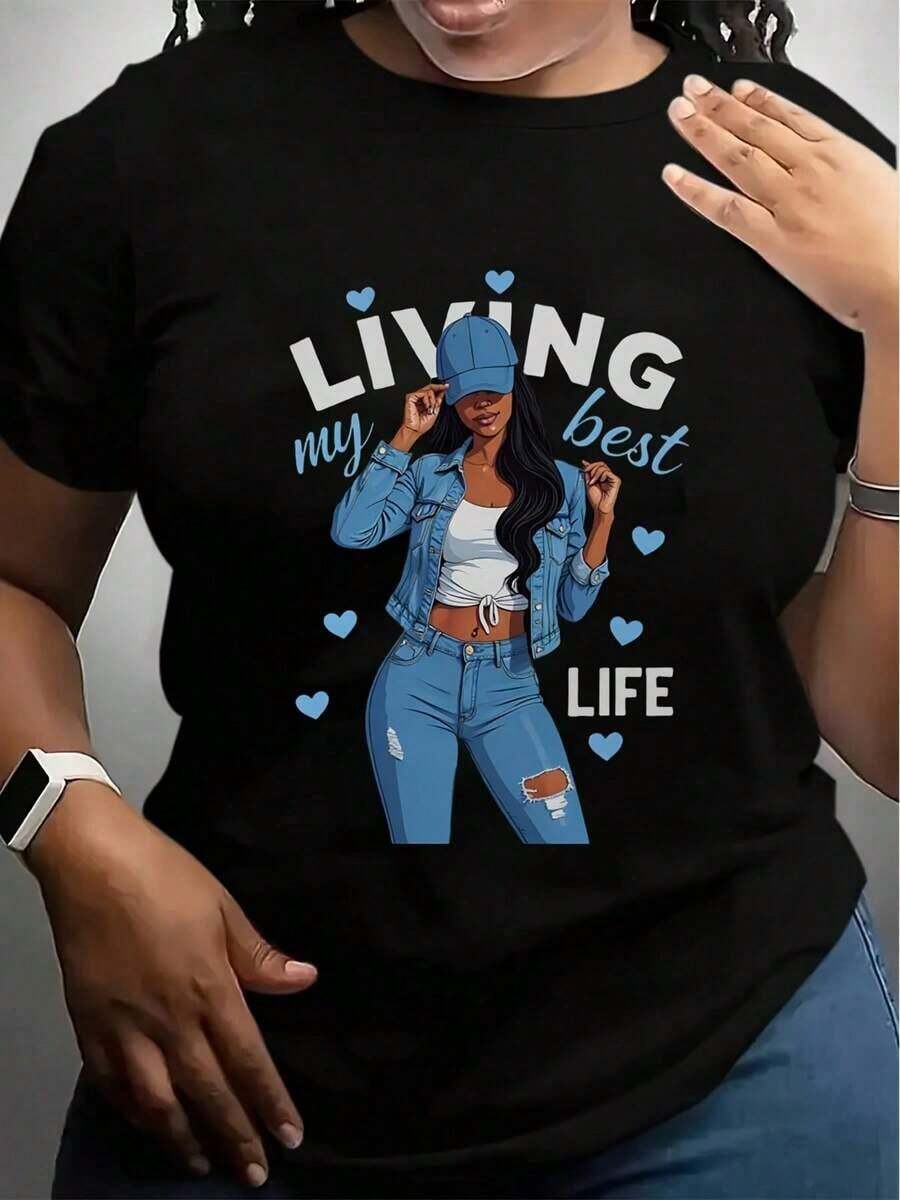 1 Piece Of Women's Graphic T-Shirt "Living My Best Life", Casual Summer Style, Round Neck, Short Sleeve, With Blue Hearts And Denim Design, Machine Washable, Loose Fit, Smart Casual Wear, 180g, 100% Cotton, Designs Are Printed. Unisex. - 黑色 - 查看 1