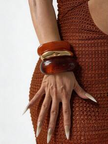 3pcs Set European And American Exaggerated Geometric Bangles, Dark Green And Amber Color Combination, Luxury Minimalist Elegant Open Cuff Bracelets, Versatile Unique Stackable Jewelry For Women - Multicolor - View 2