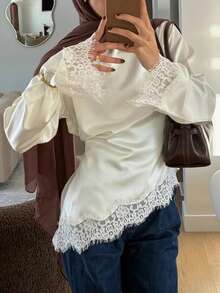 Áo sơ mi nữ thanh lịch bằng vải satin, kiểu dáng công sở, cổ tròn, tay dài, thắt eo, phối ren, chất liệu vải dệt trơn, phối ren bất đối xứng, thích hợp mặc đi làm hàng ngày, hẹn hò, mùa xuân hè thu, màu trắng. - trắng - Xem 10