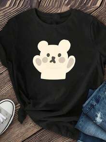 1 Piece Women's Short Sleeve T-Shirt With "Lying Looking At Your Little Bear" Print, Made Of Soft And Breathable Polyester Fiber, With Medium Elasticity, Machine Washable, Women's Clothing, Versatile Top For Daily Wear, Perfect For Summer Fashion, Casual Women's Short Sleeve Round Neck Printed T-Shirt, 100% Cotton. Comfortable, Versatile Short-Sleeved Top. - 黑色 - 查看 3