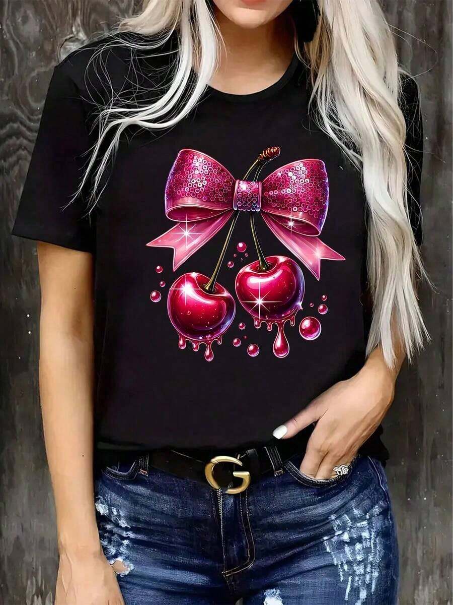 Camiseta de algodón estampada, casual y a la moda para mujer, sencilla, elegante y versátil. - Negro - Ver 1