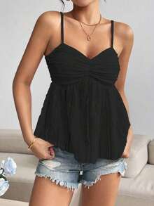 Camiseta sin mangas de mujer de moda con diseño plisado de unicolor y ribete de encaje - Negro - Ver 4