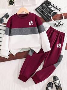 Tween Boy Letter Graphic Color Block Warm Crew Neck Sweatshirt And Pants Set - Burgundy - View 2